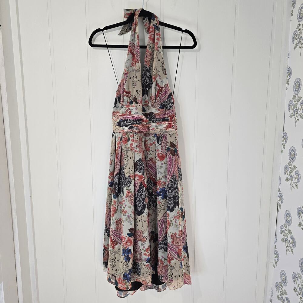 Adrianna Papel Silk Halter Dress Paisley Chiffon Fit Flare Lined Size 14
